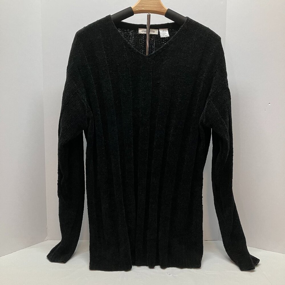 Claiborne Womens Black Velour Ribbed Oversized V Neck Sweater Size M